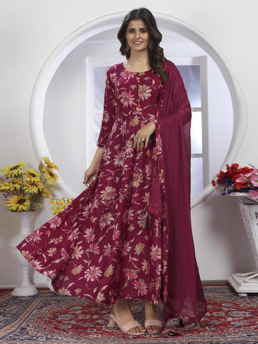 Elegant Wine Berry Printed Long Kurti with Dupatta – Stylish & Comfortable