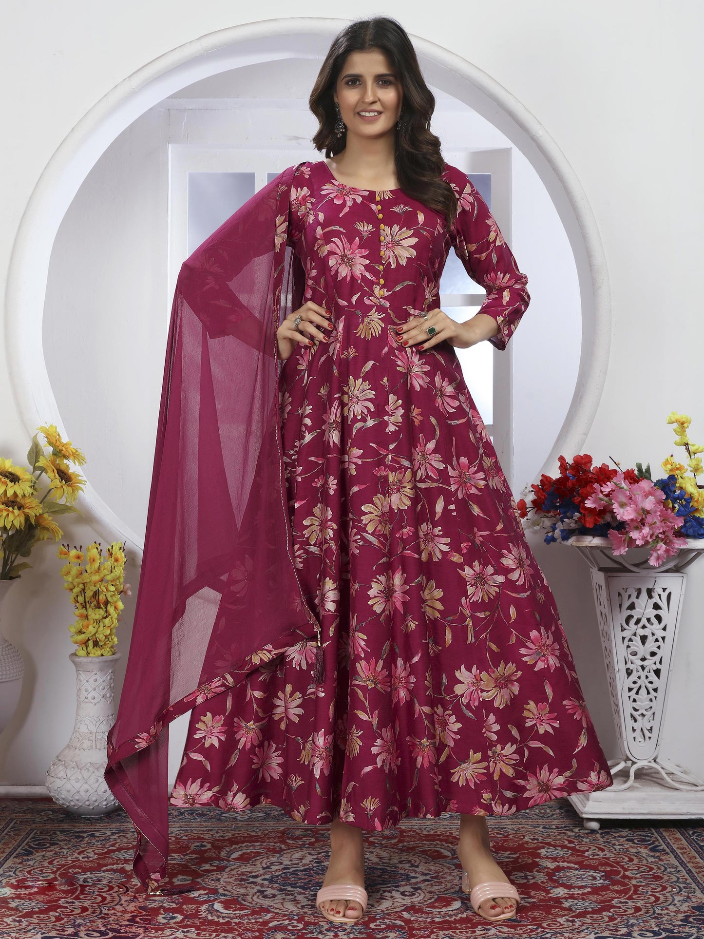 Elegant Wine Berry Printed Long Kurti with Dupatta – Stylish & Comfortable