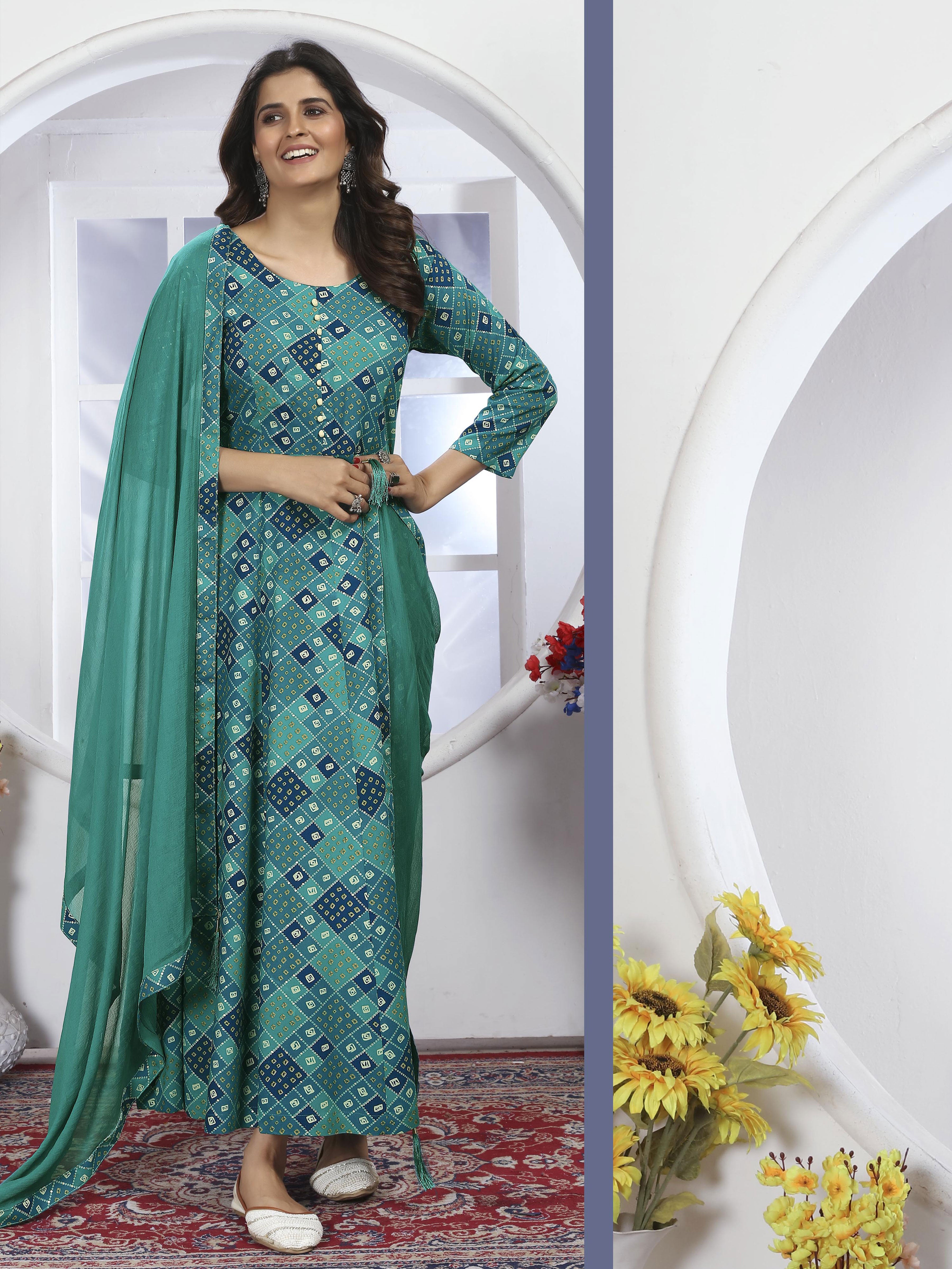 Cyan Blue Bandhani Printed Long Kurti with Dupatta – Ethnic & Elegant Look