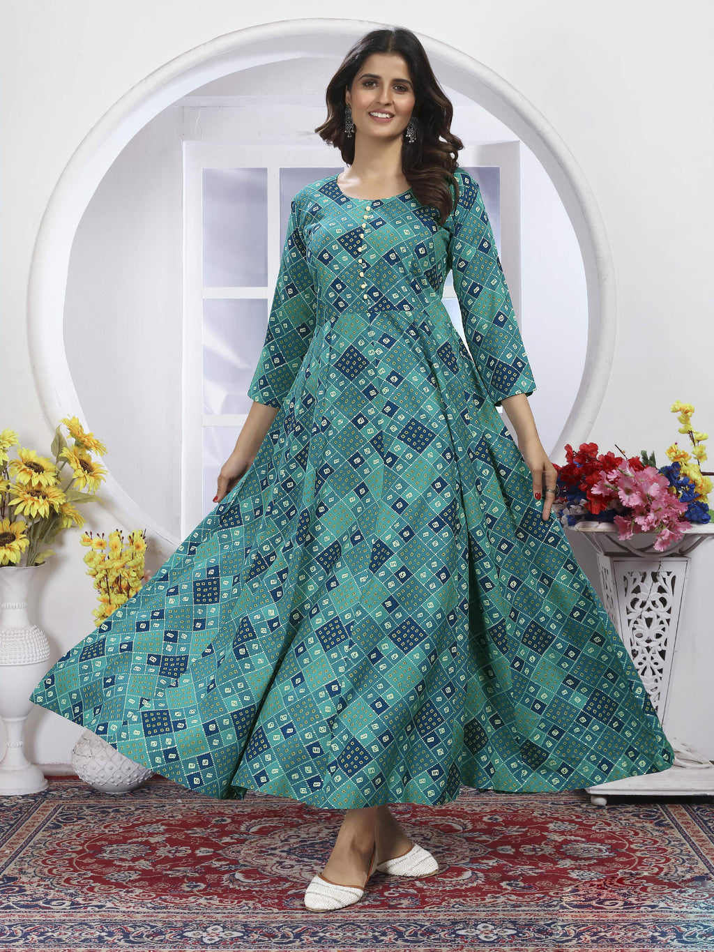 Cyan Blue Bandhani Printed Long Kurti with Dupatta – Ethnic & Elegant Look