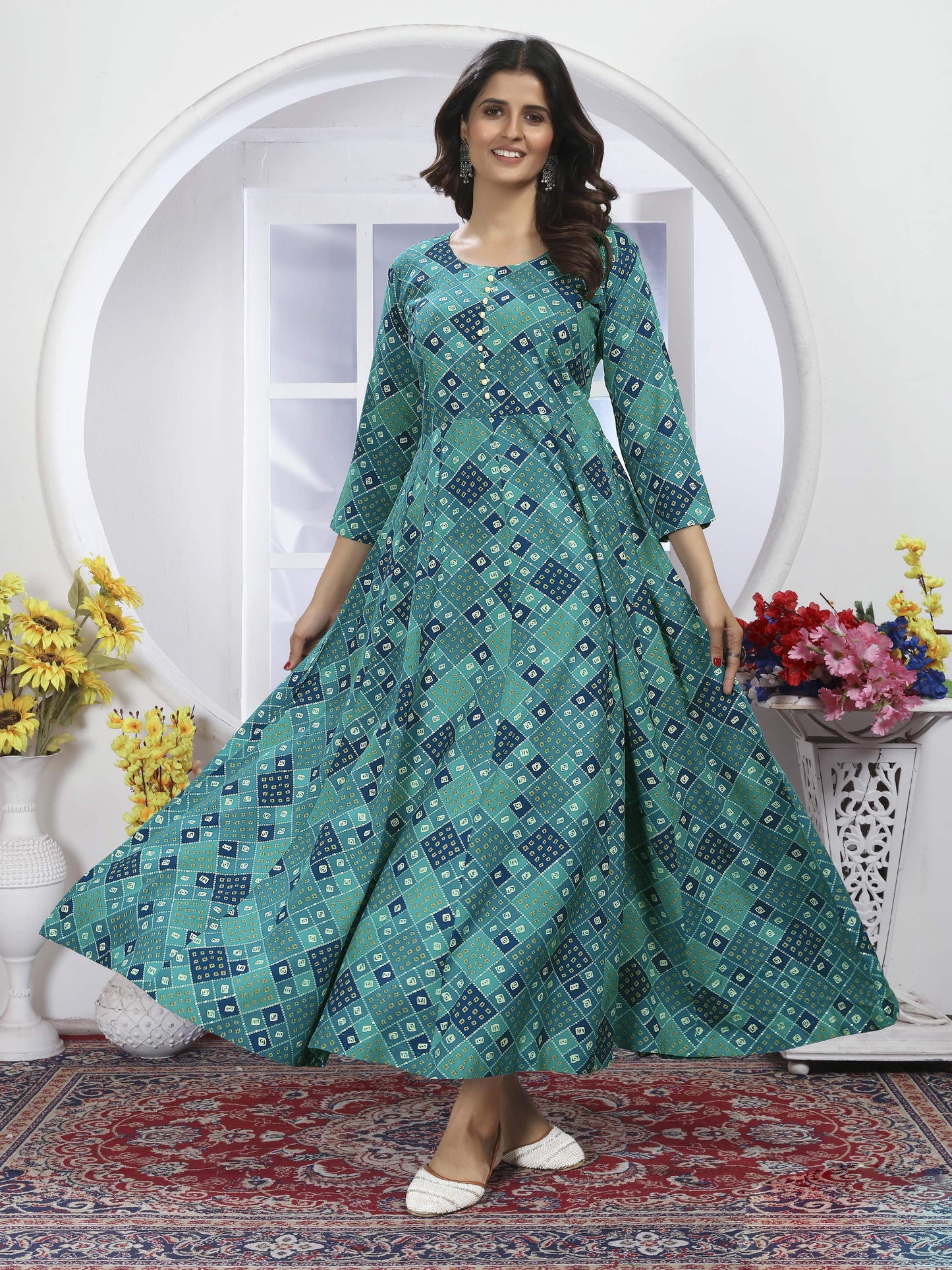 Cyan Blue Bandhani Printed Long Kurti with Dupatta – Ethnic & Elegant Look