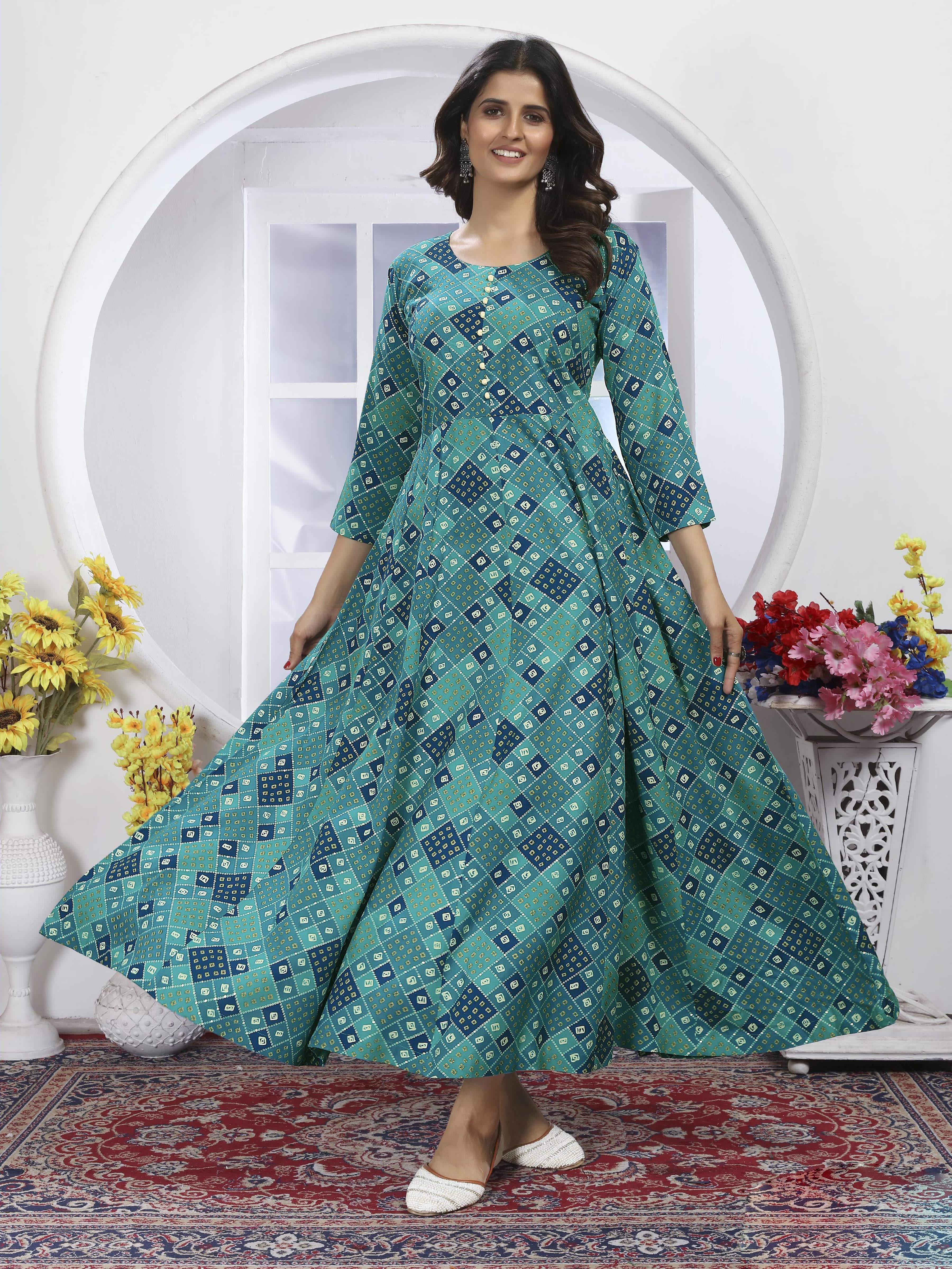 Cyan Blue Bandhani Printed Long Kurti with Dupatta – Ethnic & Elegant Look