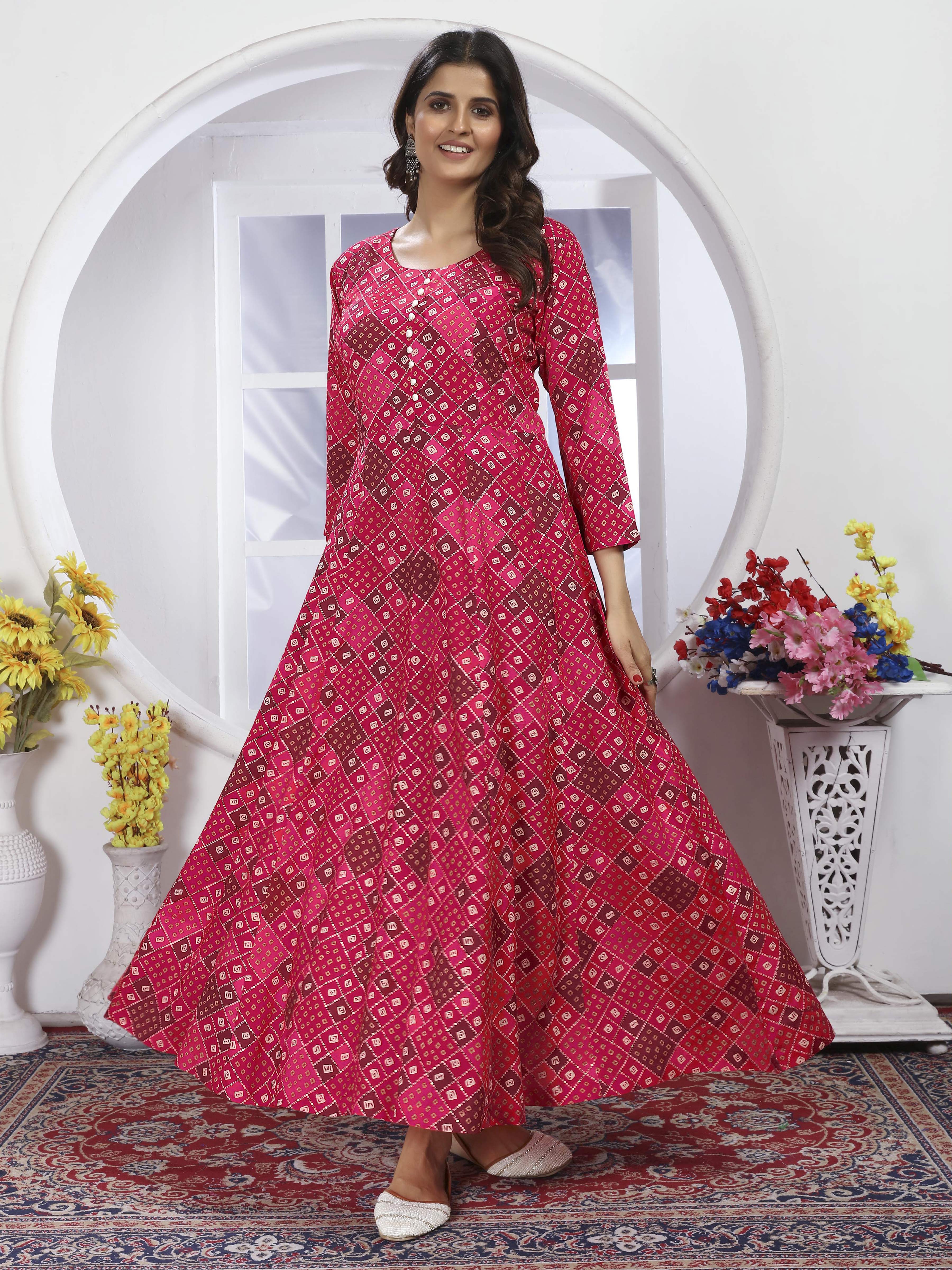 Pink Bandhani Printed Long Kurti with Dupatta – Ethnic & Elegant Look