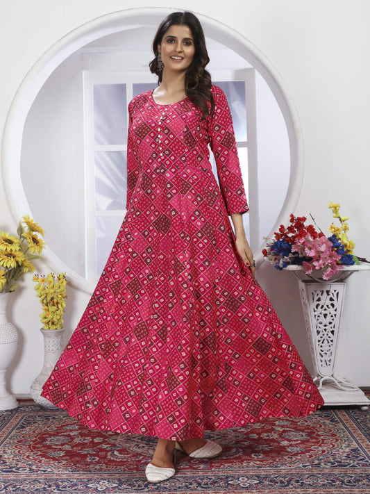 Pink Bandhani Printed Long Kurti with Dupatta – Ethnic & Elegant Look