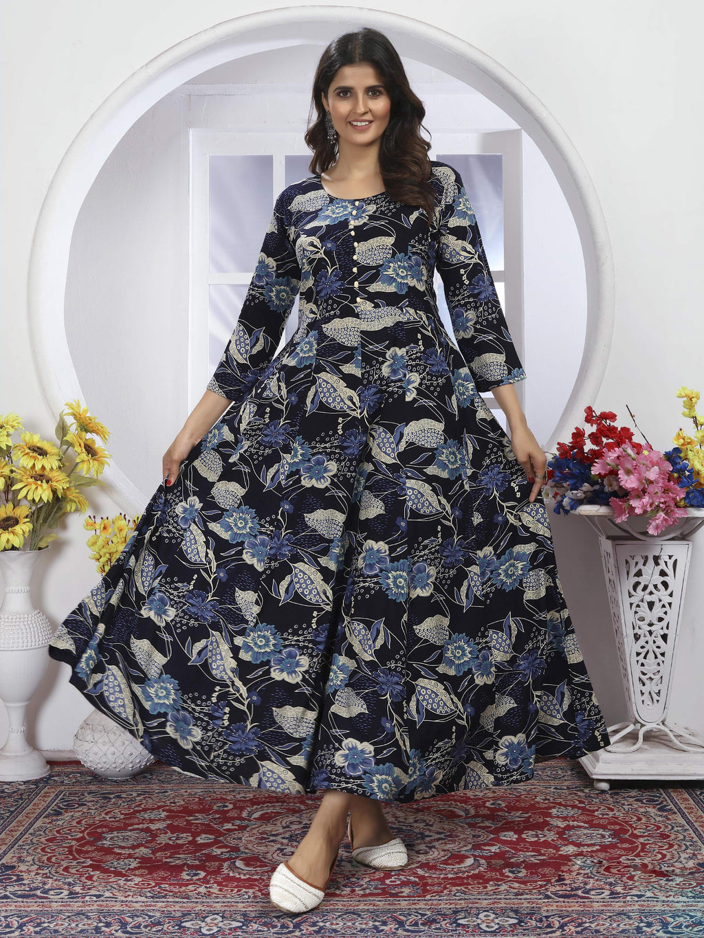 Navy Blue Printed Long Kurti with Dupatta – Stylish & Comfortable
