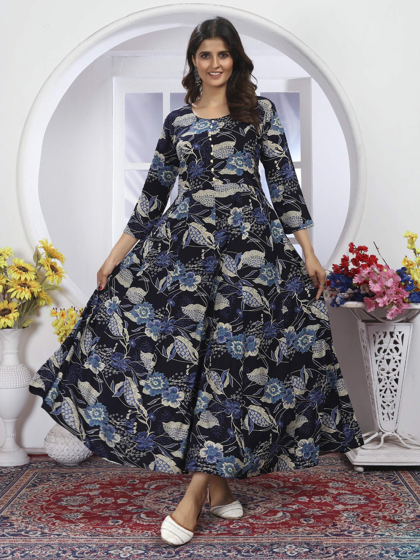 Navy Blue Printed Long Kurti with Dupatta – Stylish & Comfortable
