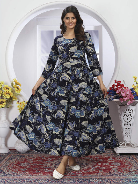 Navy Blue Printed Long Kurti with Dupatta – Stylish & Comfortable