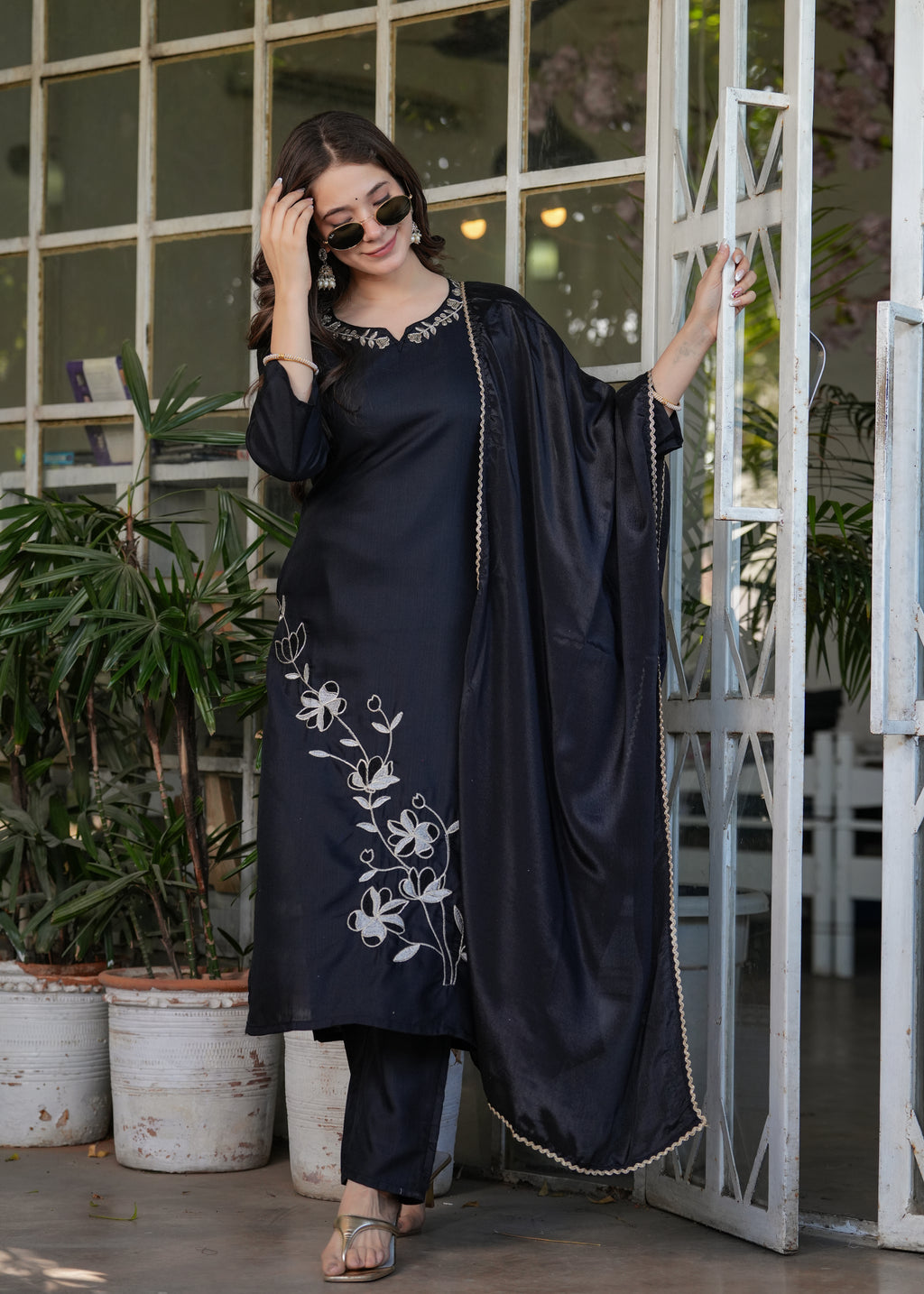 Black Rayon Slub Embroidered Kurta Set with Dupatta