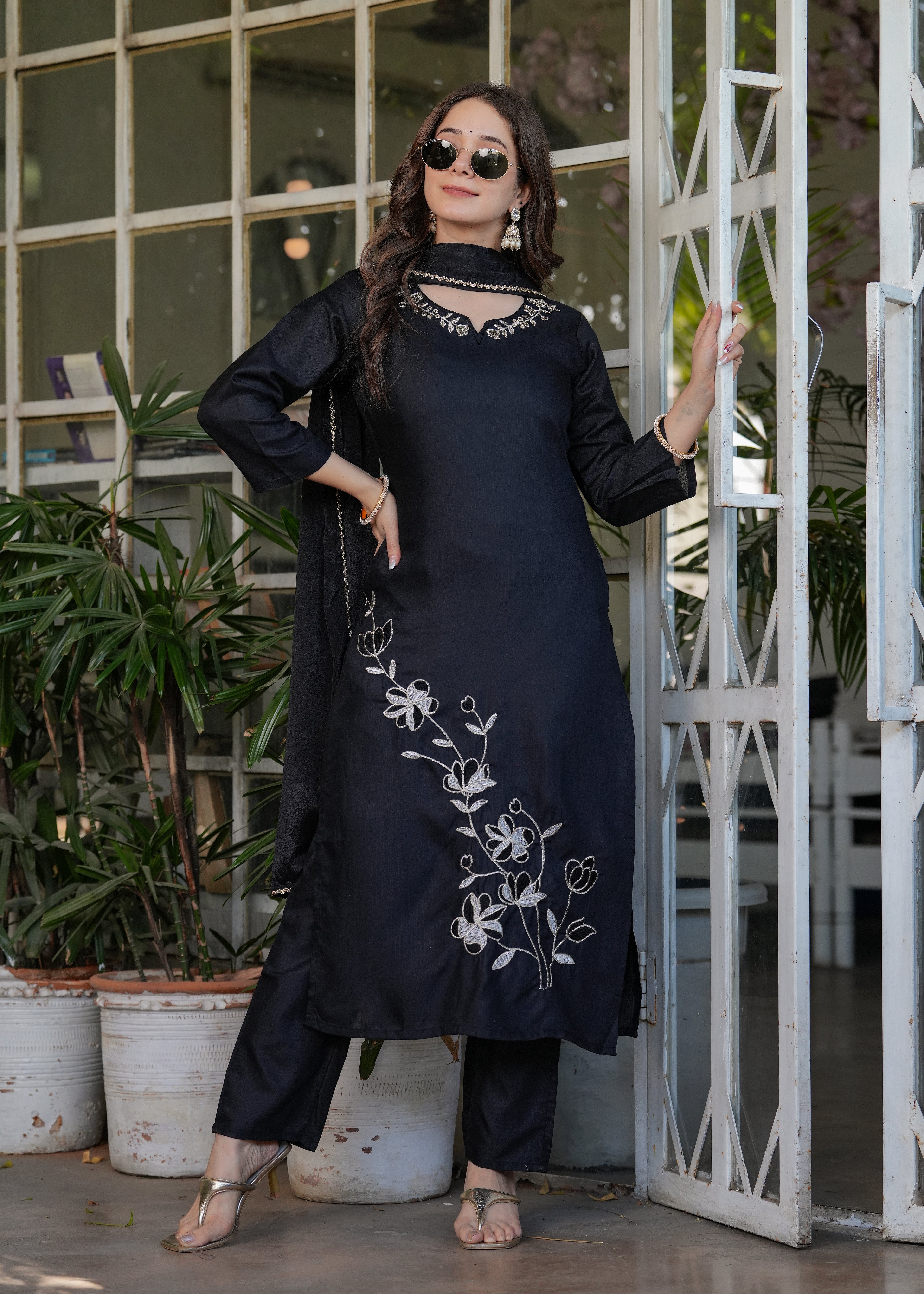 Black Rayon Slub Embroidered Kurta Set with Dupatta