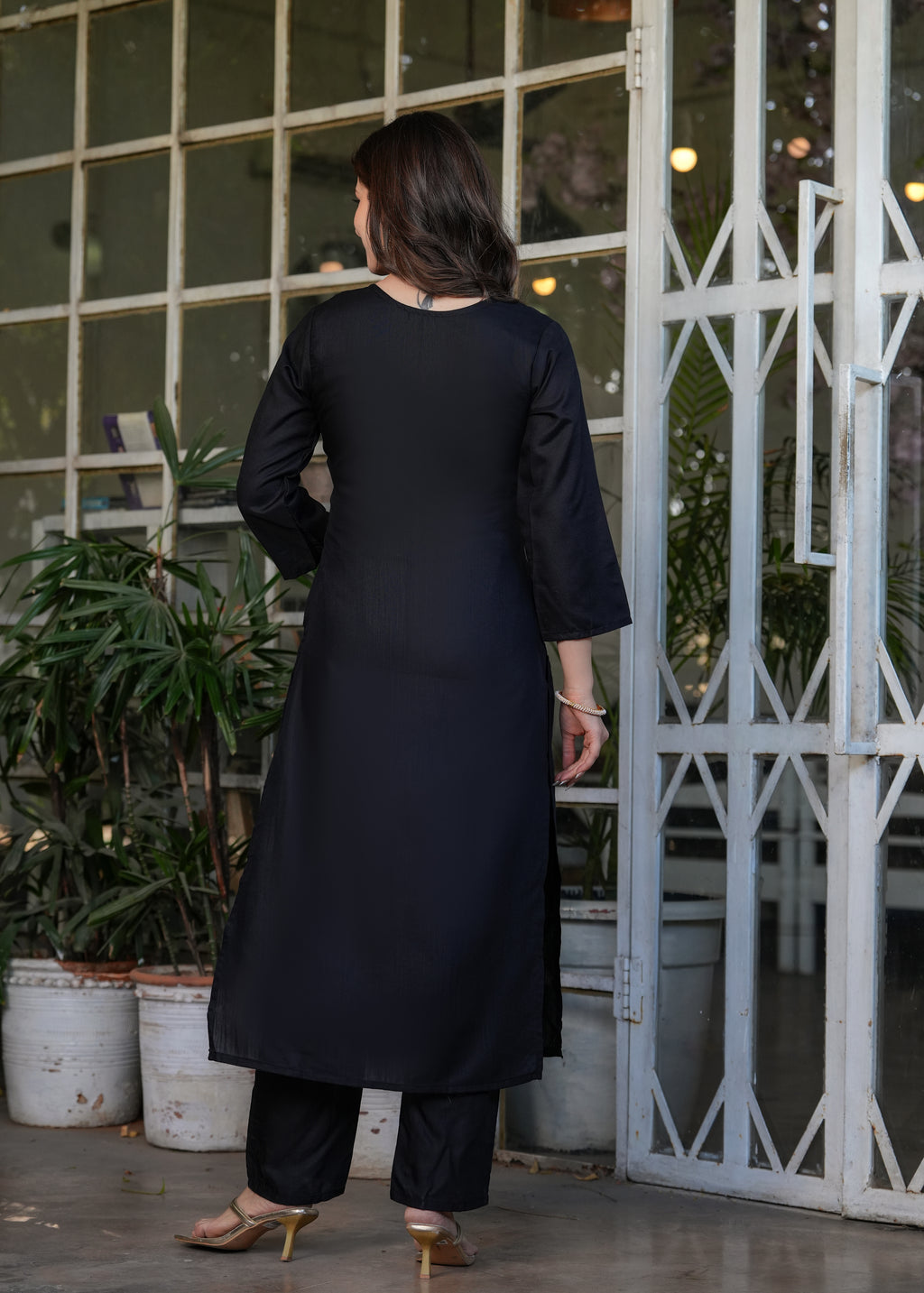 Black Rayon Slub Embroidered Kurta Set with Dupatta