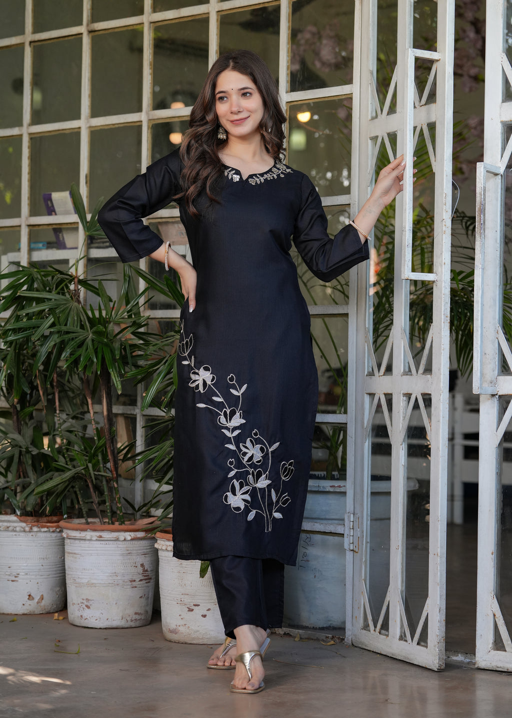 Black Rayon Slub Embroidered Kurta Set with Dupatta