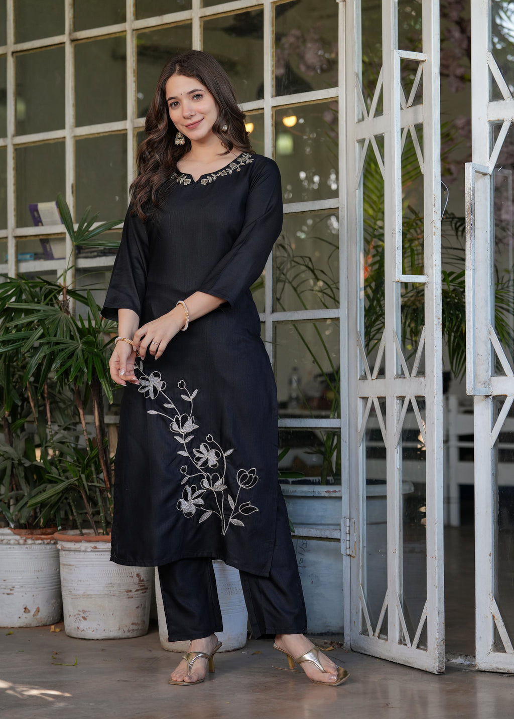 Black Rayon Slub Embroidered Kurta Set with Dupatta