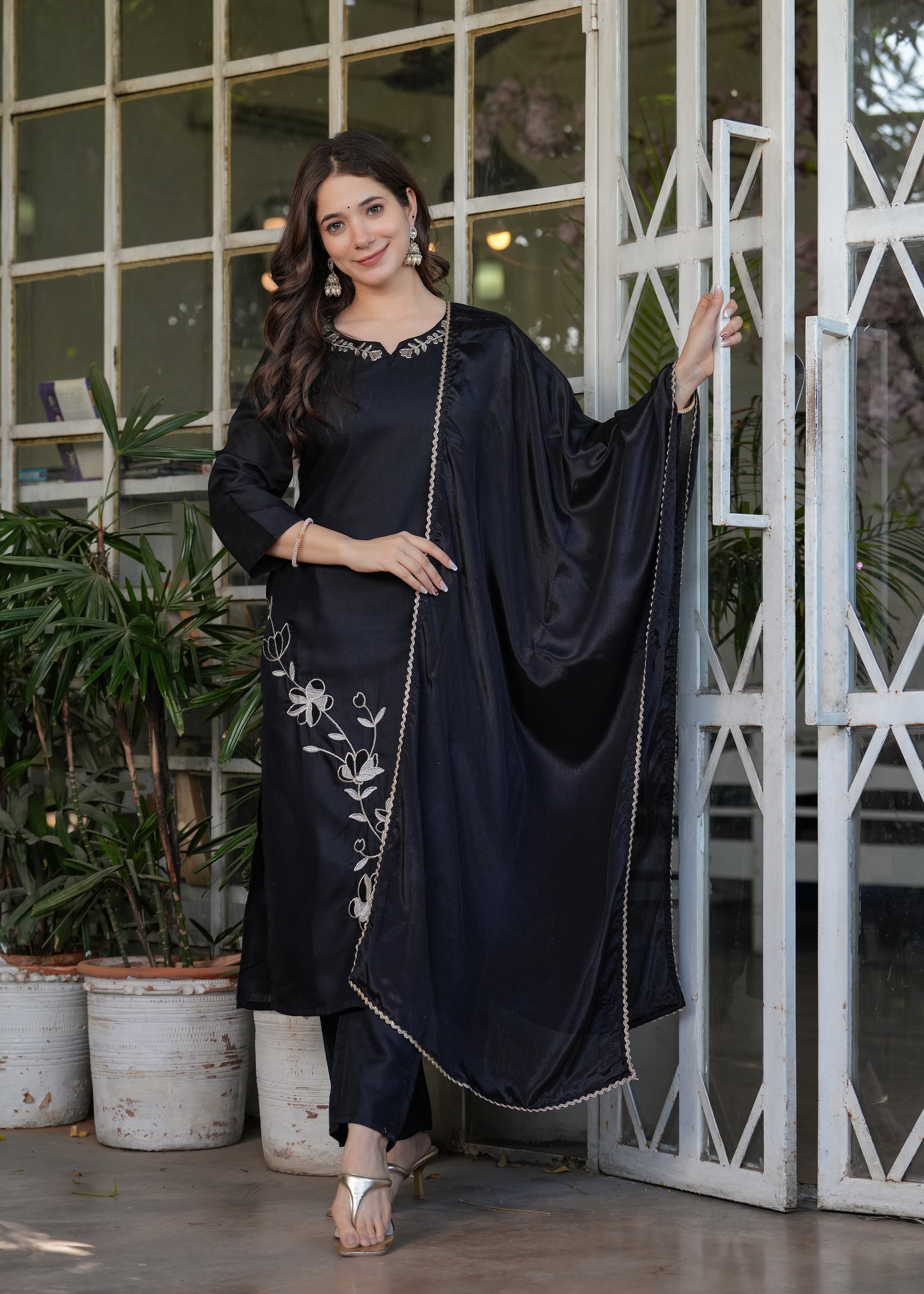 Black Rayon Slub Embroidered Kurta Set with Dupatta