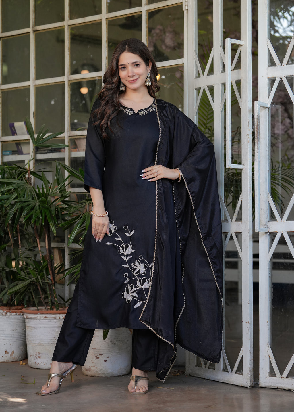 Black Rayon Slub Embroidered Kurta Set with Dupatta