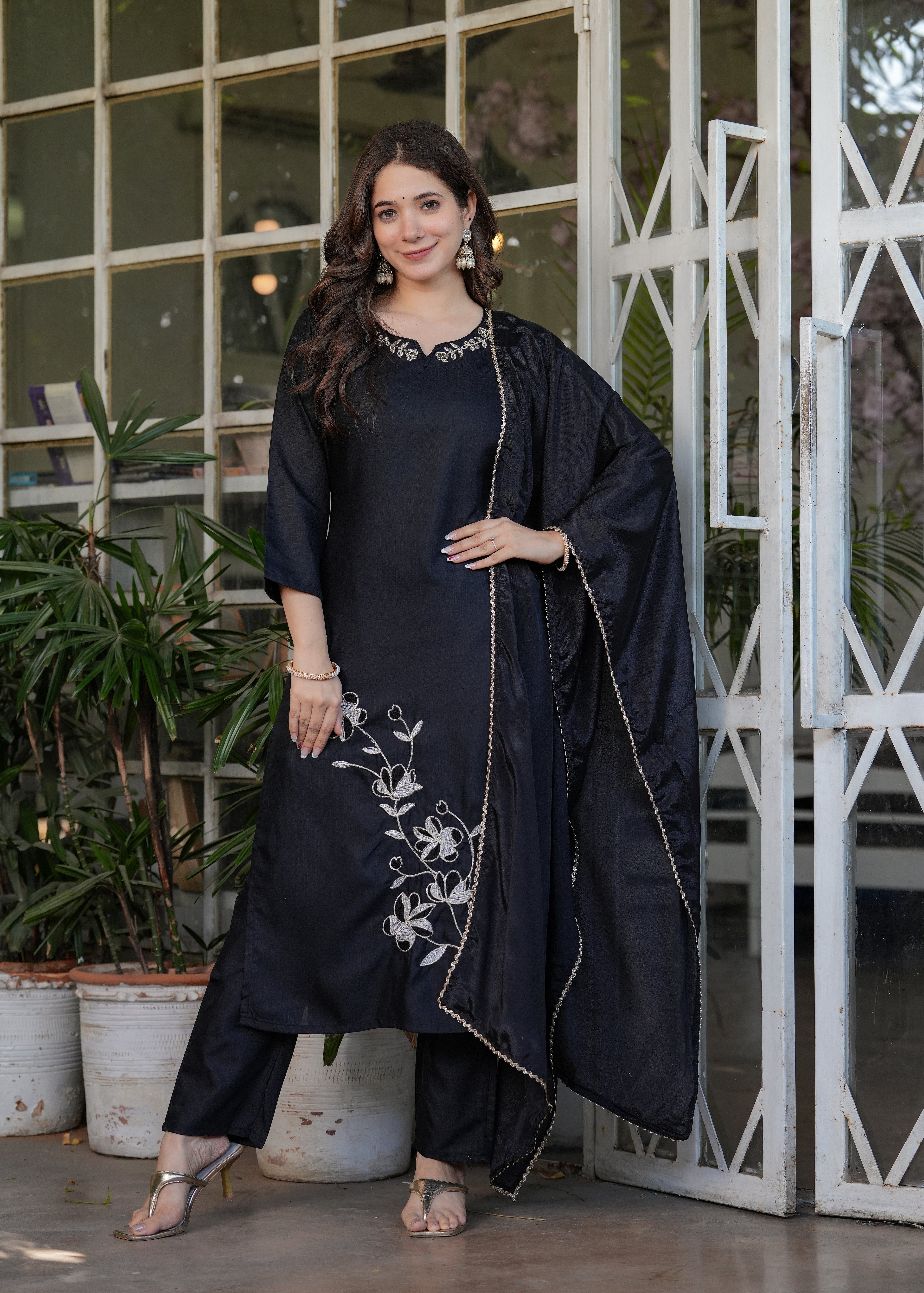 Black Rayon Slub Embroidered Kurta Set with Dupatta
