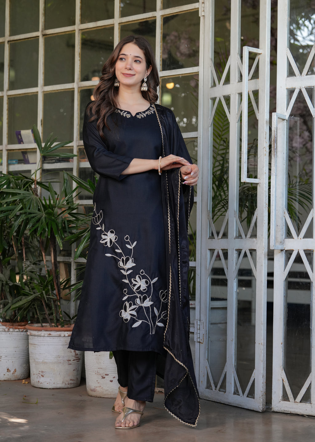 Black Rayon Slub Embroidered Kurta Set with Dupatta