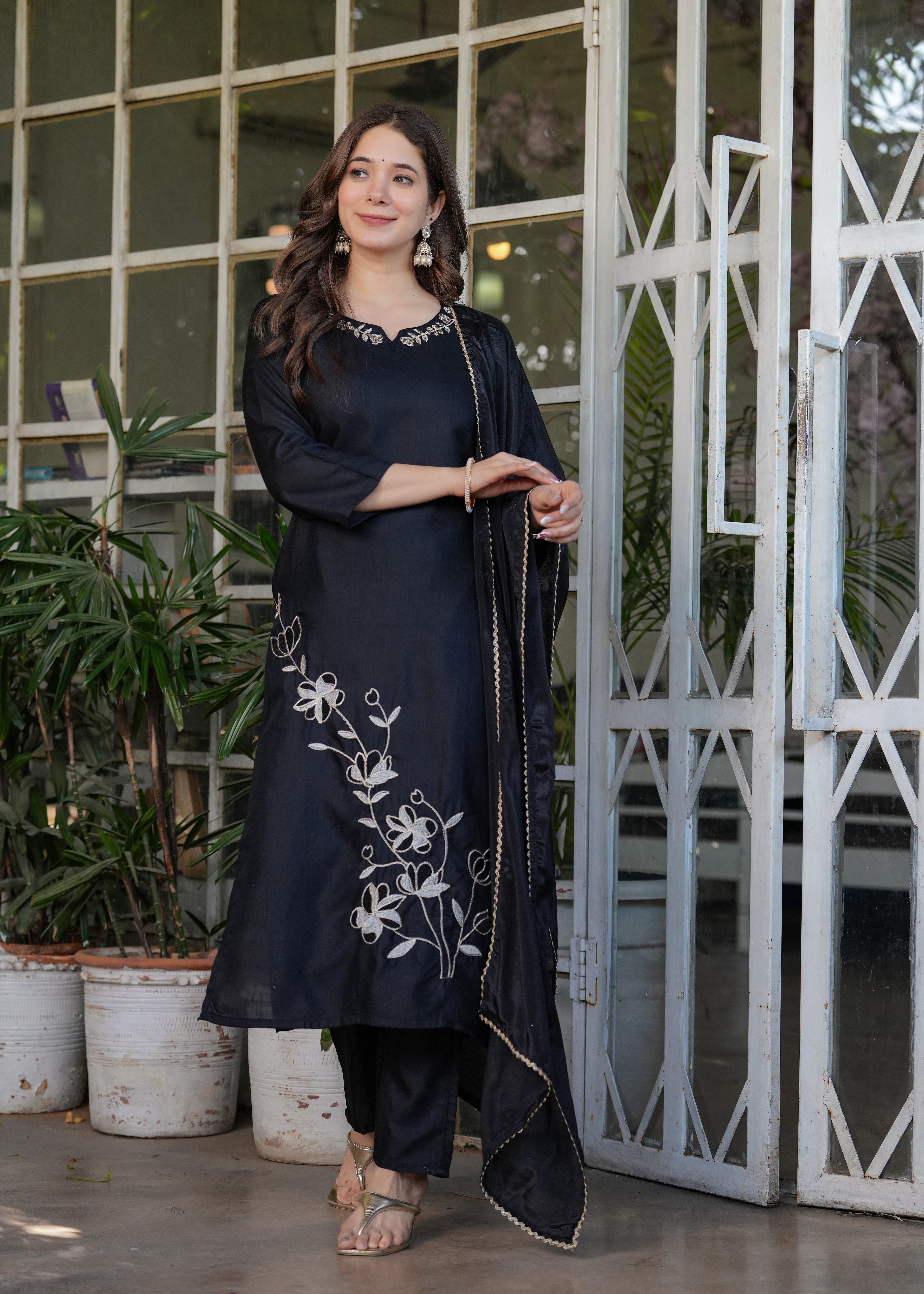Black Rayon Slub Embroidered Kurta Set with Dupatta