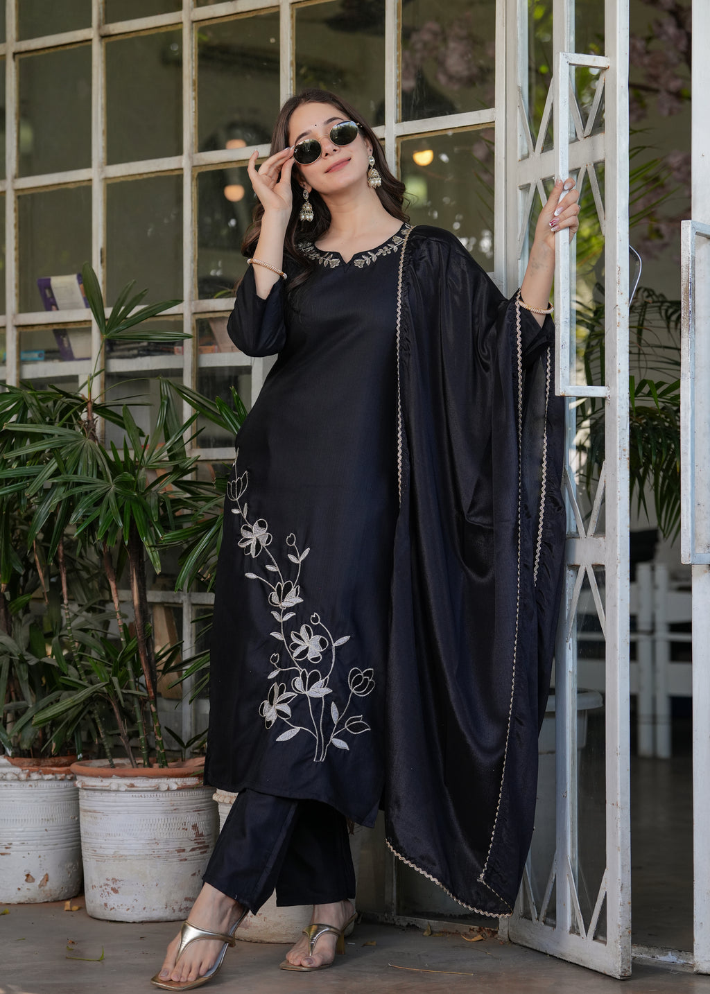 Black Rayon Slub Embroidered Kurta Set with Dupatta