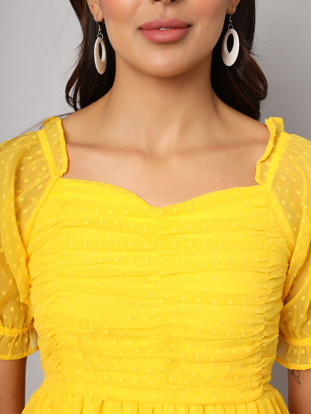 Yellow 2-Tier Fit & Flare Midi Dress with Puff Sleeve & Pockets