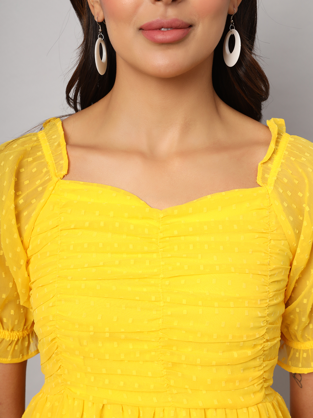 Yellow 2-Tier Fit & Flare Midi Dress with Puff Sleeve & Pockets