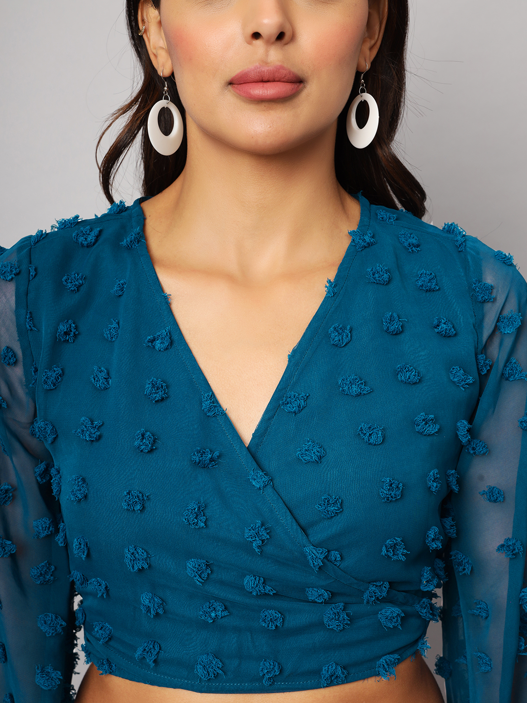 Teal Blue Wrap Around Top with Pom Pom & Bell Sleeve