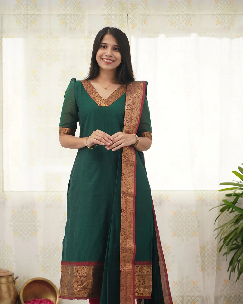 Bottle Green Kanchi Cotton Kurti with Golden Dupatta