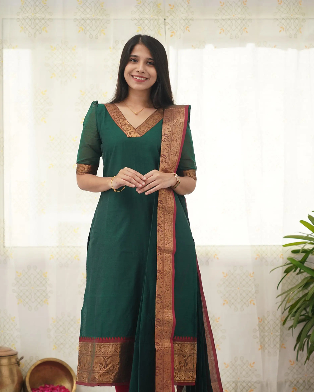 Bottle Green Kanchi Cotton Kurti with Golden Dupatta