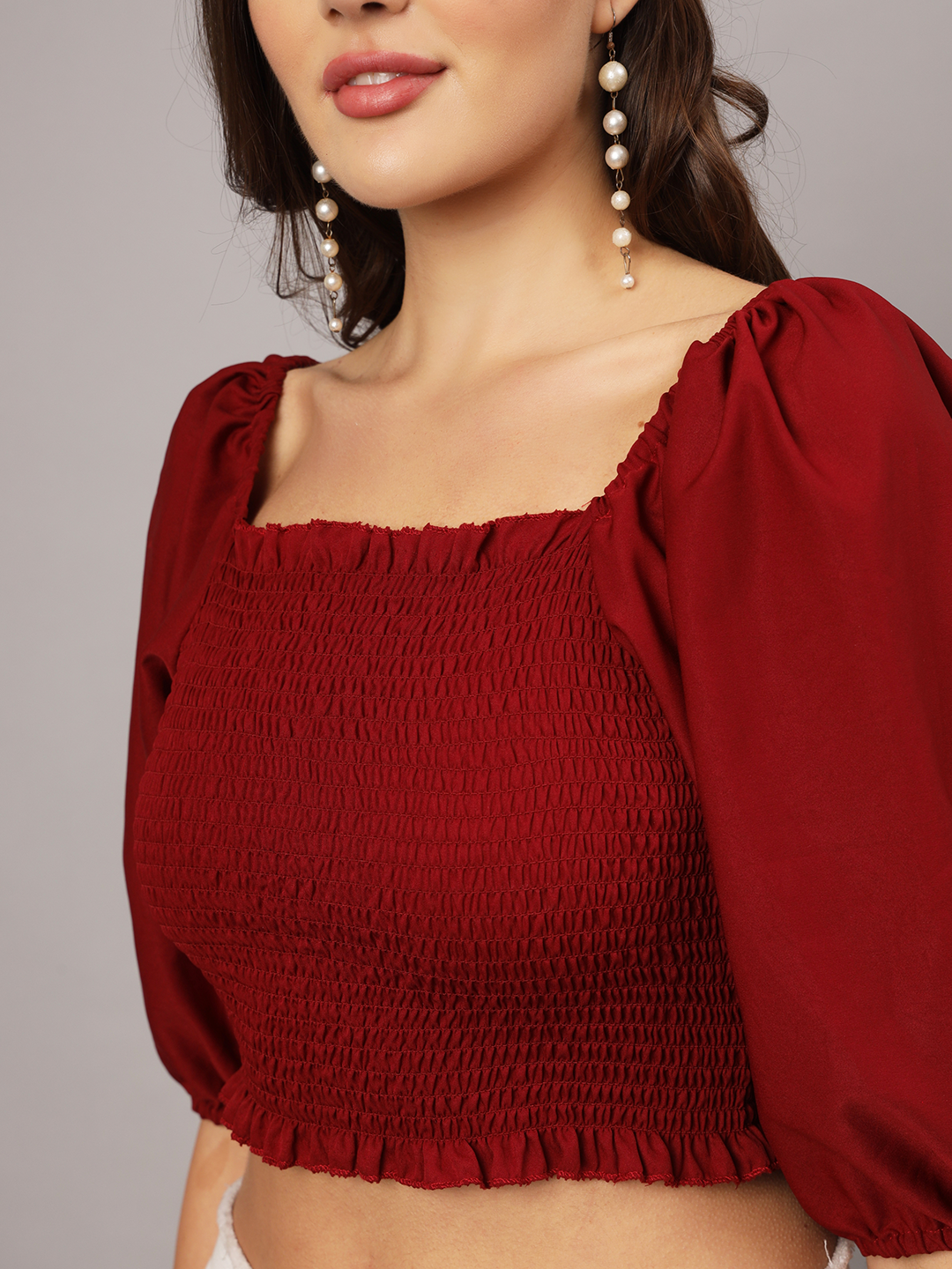 Red Crepe Smocked Balloon Sleeve Top | Stylish Peasant Crop Top