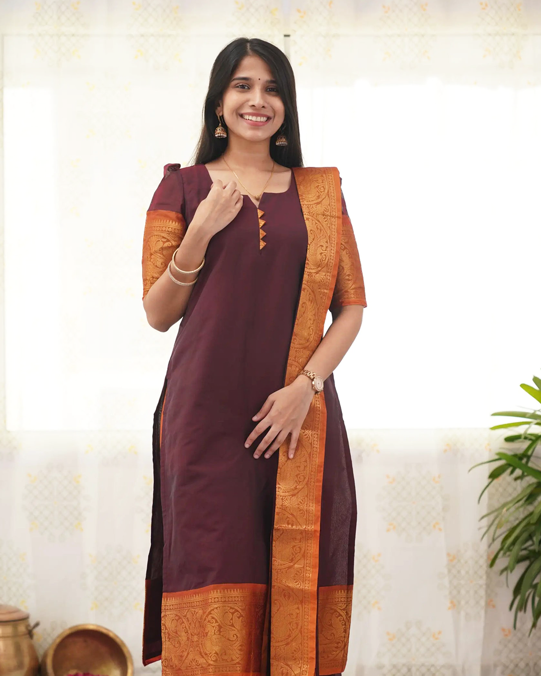 Maroon Kanchi Cotton Kurti with Golden Dupatta