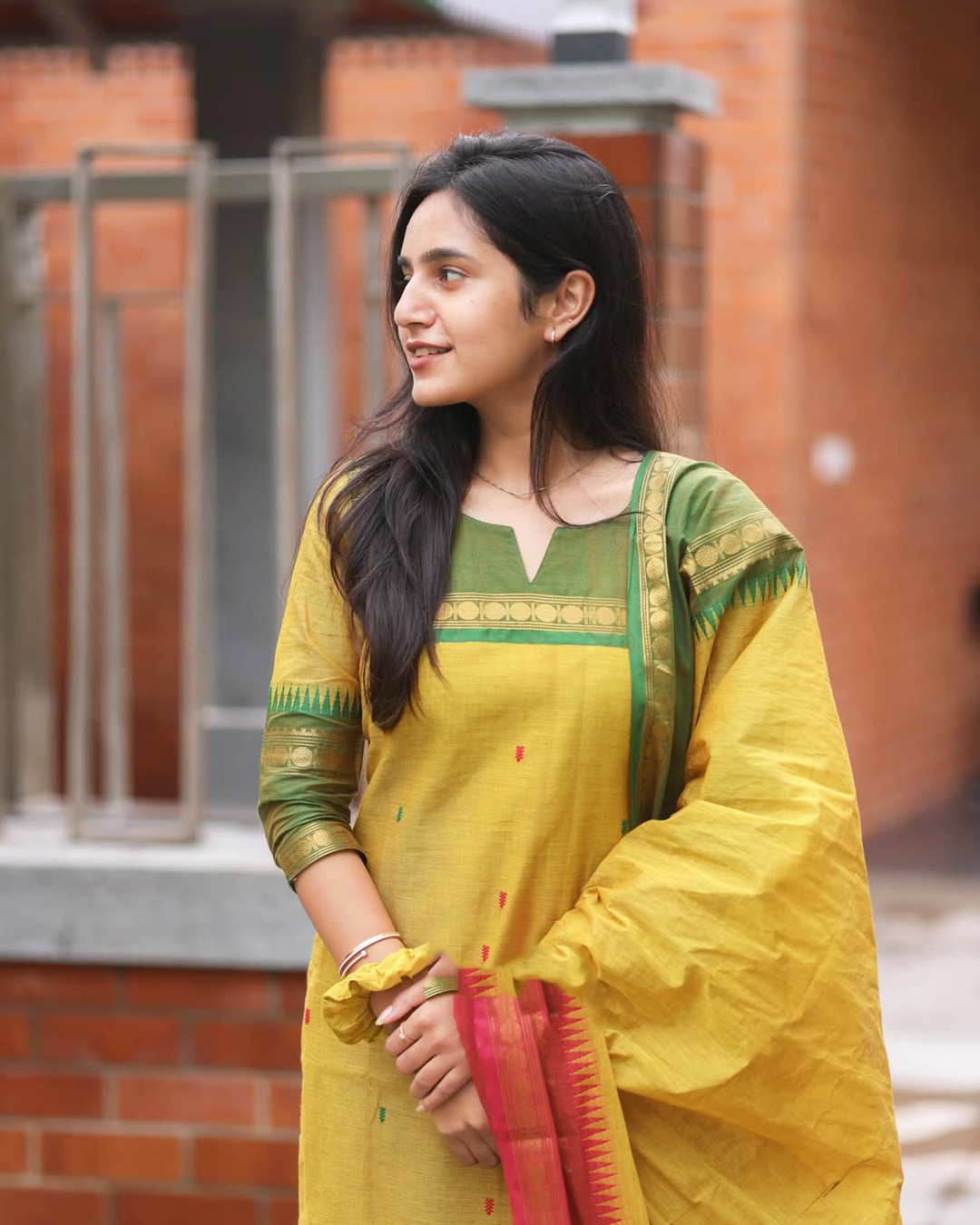 Yellow Kanchi Cotton Kurti with Red Dupatta