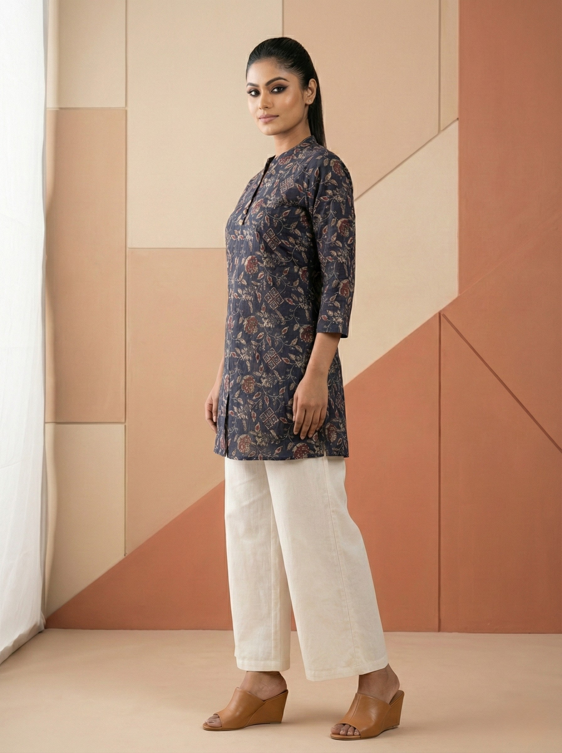 Kinjal Blue Floral Printed Poly Rayon Kurti Top | Stylish Casual & Office Wear Top