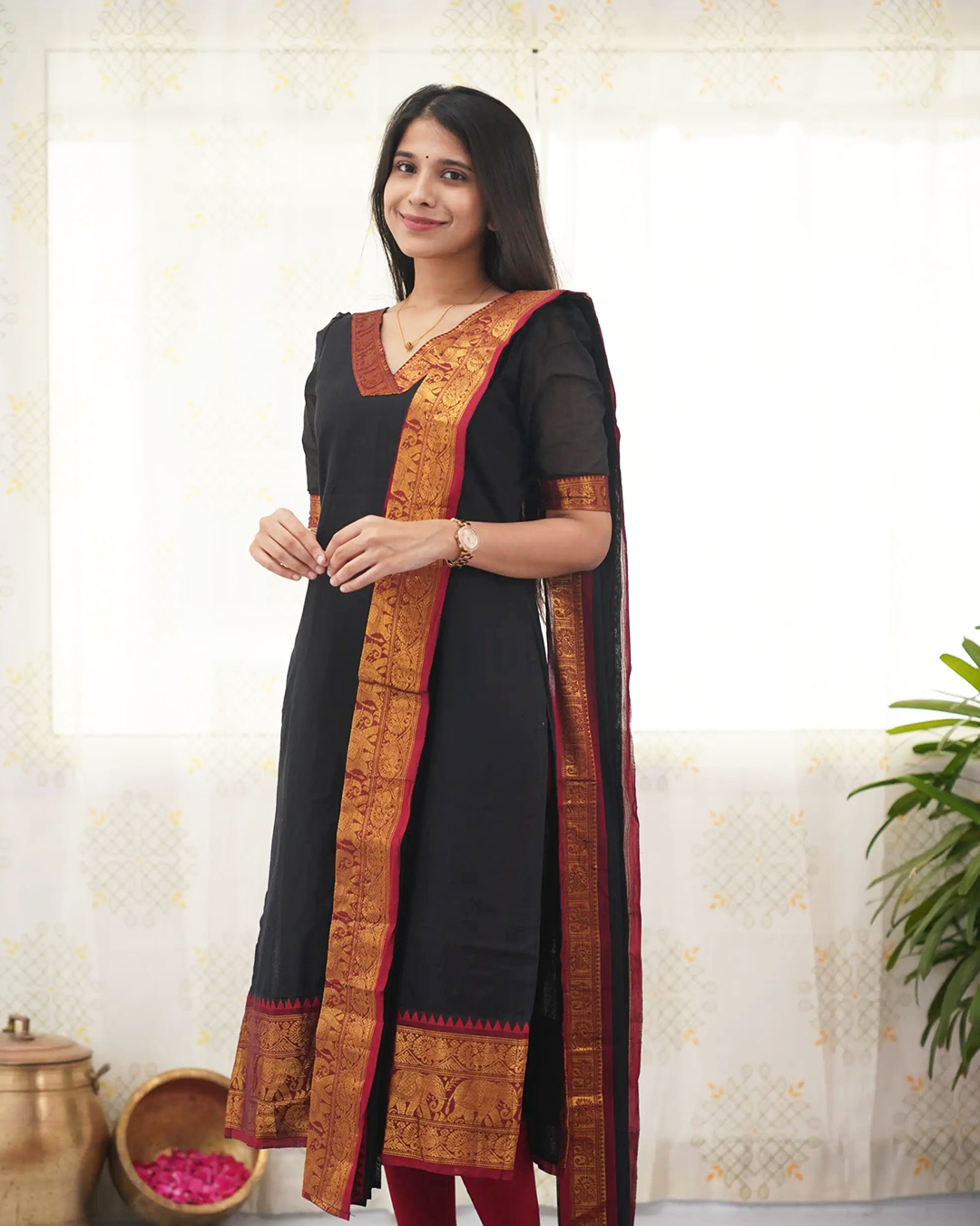 Black Kanchi Cotton Kurti with Golden Dupatta
