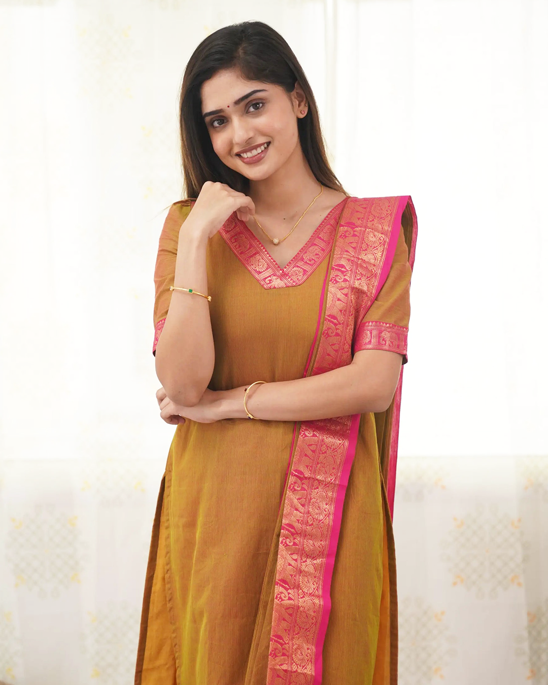 Mustard Yellow Kanchi Cotton Kurti with Pink Dupatta