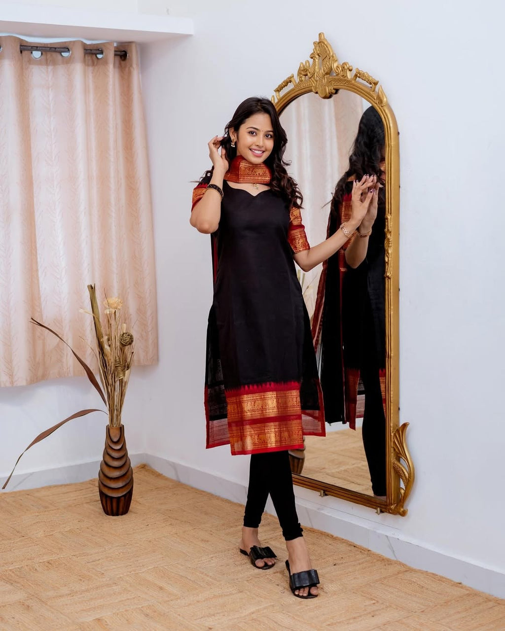 Black Kanchi Cotton Kurti with Dupatta