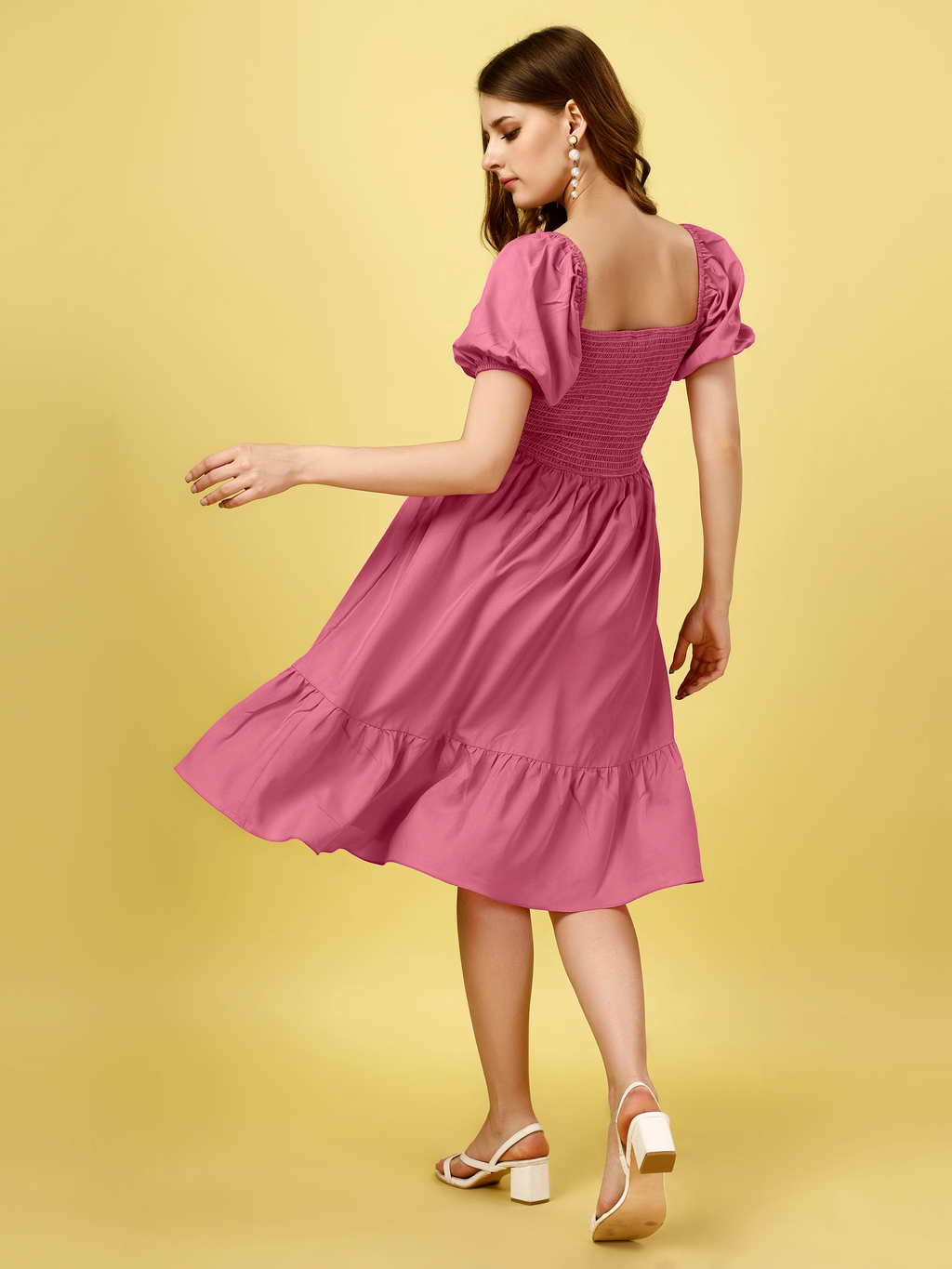 Pink Off-Shoulder Puff Sleeve Fit & Flare Midi Dress