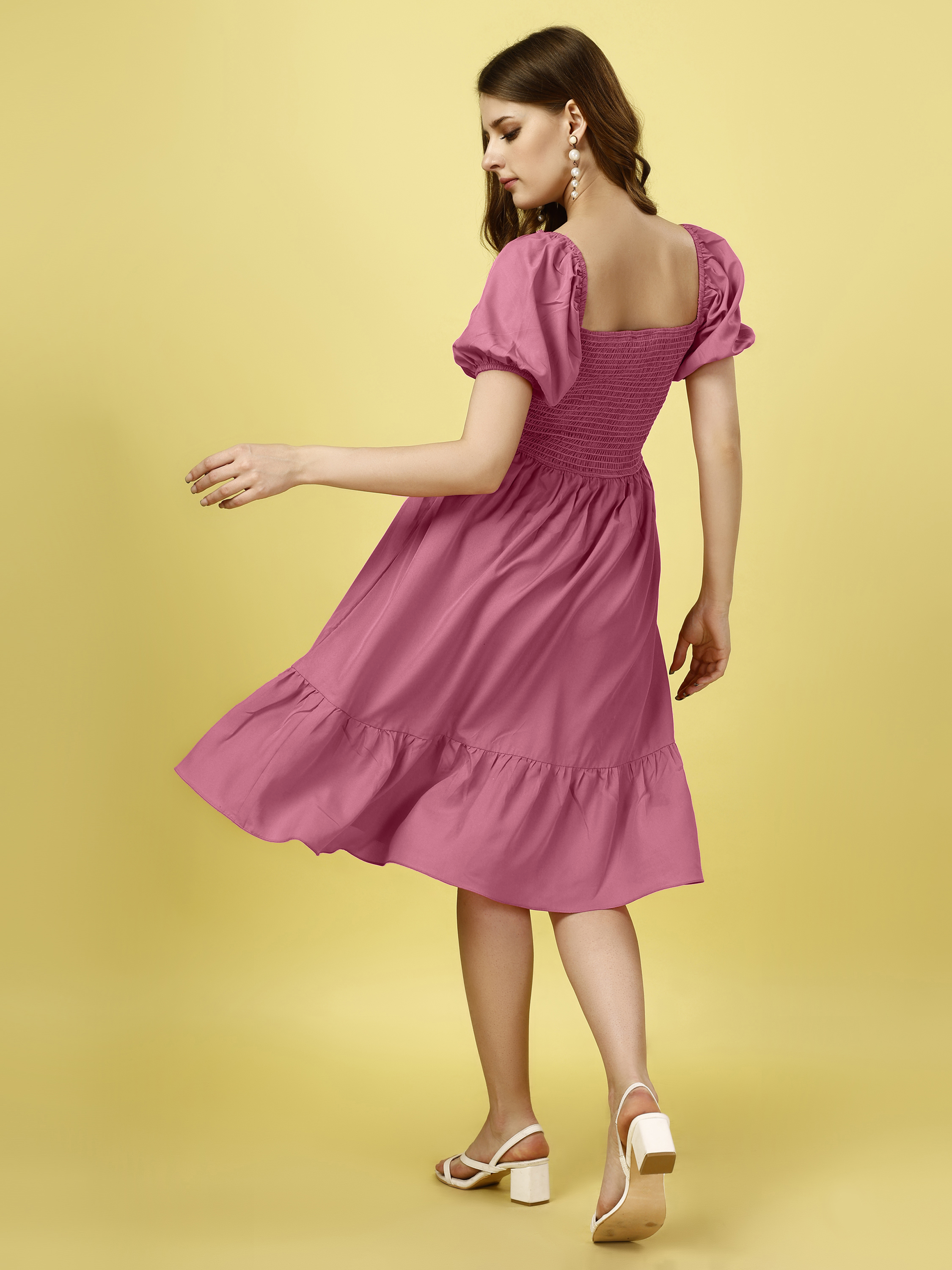 Pink Off-Shoulder Puff Sleeve Fit & Flare Midi Dress