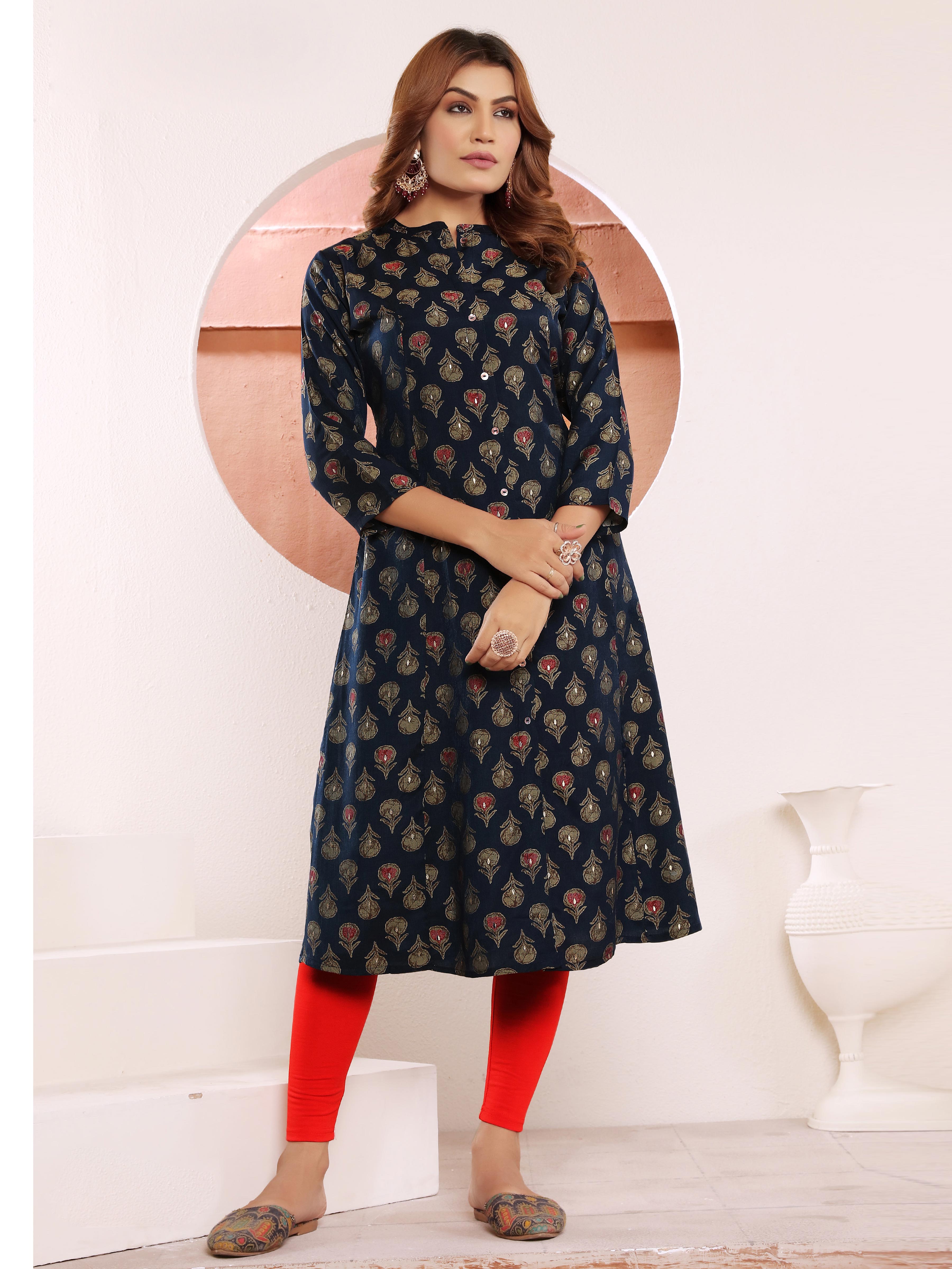 Navy Blue Printed Muslin Kurti for Women – Casual & Daily Wear