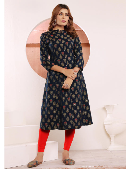 Navy Blue Printed Muslin Kurti for Women – Casual & Daily Wear