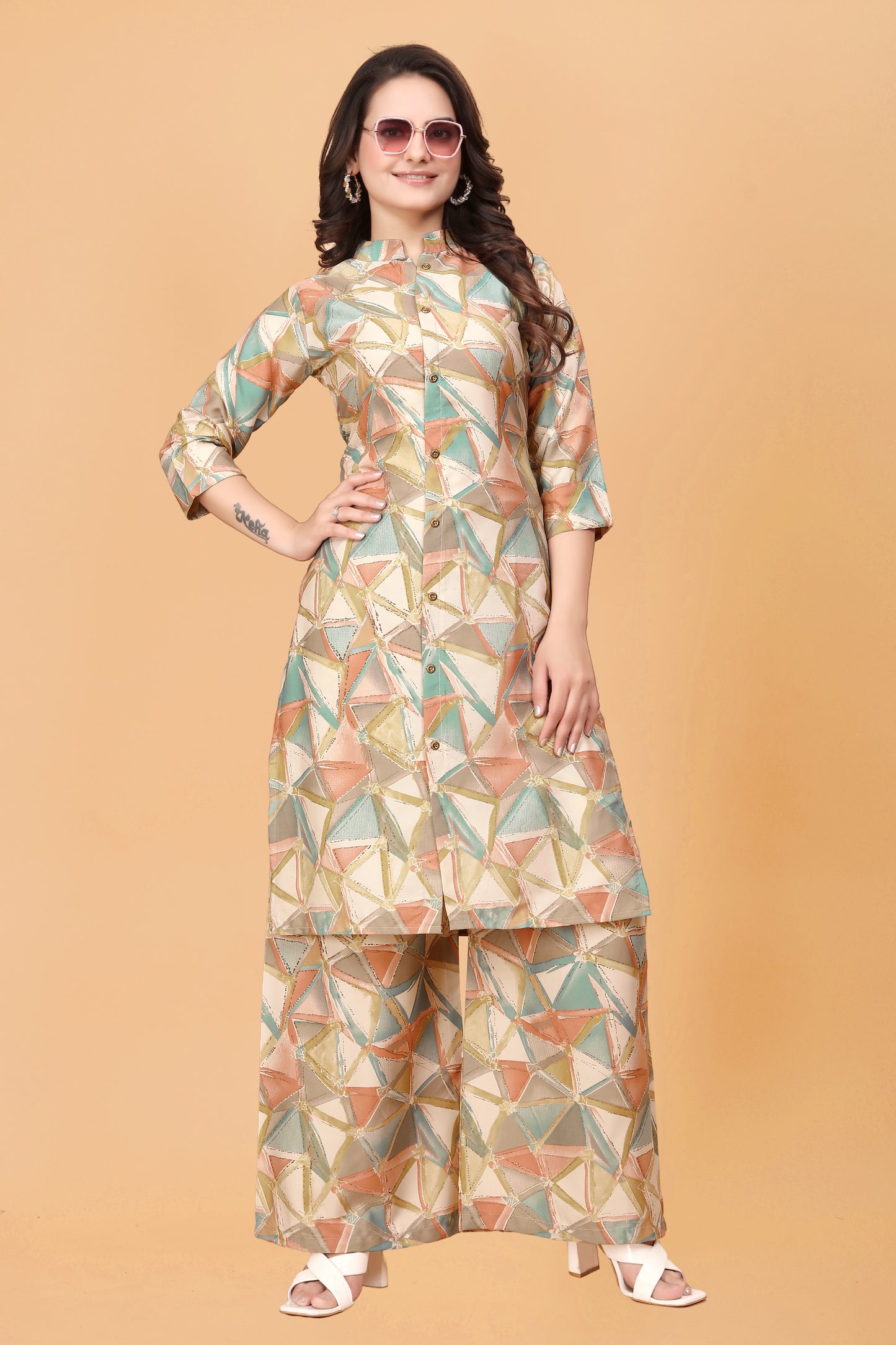 Orange Geometric Print Kurta Palazzo Set in Rayon – Vibrant & Stylish