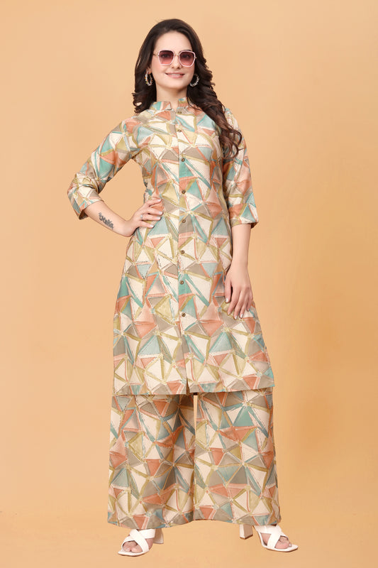 Orange Geometric Print Kurta Palazzo Set in Rayon – Vibrant & Stylish