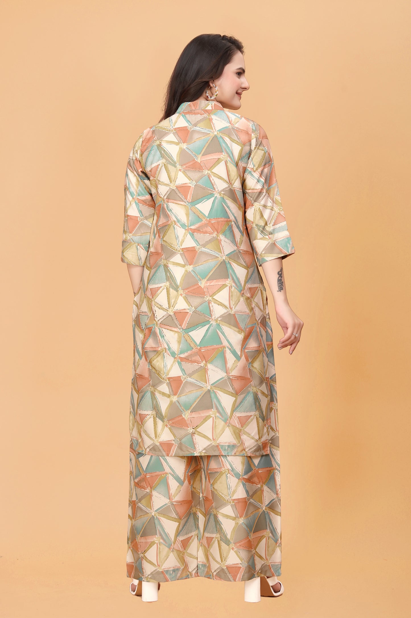 Orange Geometric Print Kurta Palazzo Set in Rayon – Vibrant & Stylish
