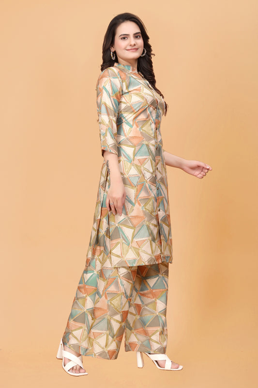Orange Geometric Print Kurta Palazzo Set in Rayon – Vibrant & Stylish