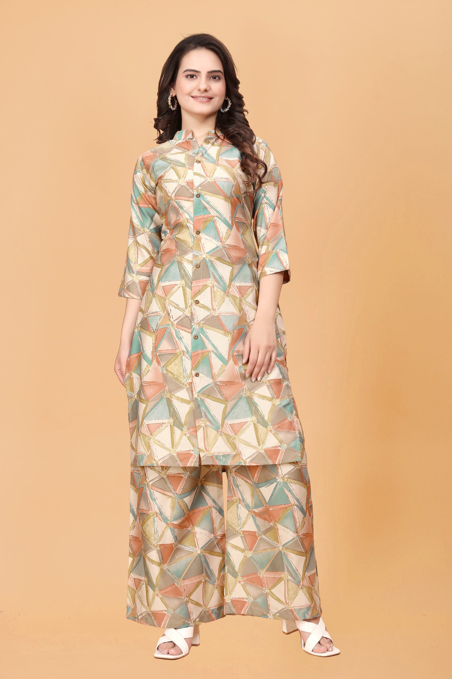 Orange Geometric Print Kurta Palazzo Set in Rayon – Vibrant & Stylish