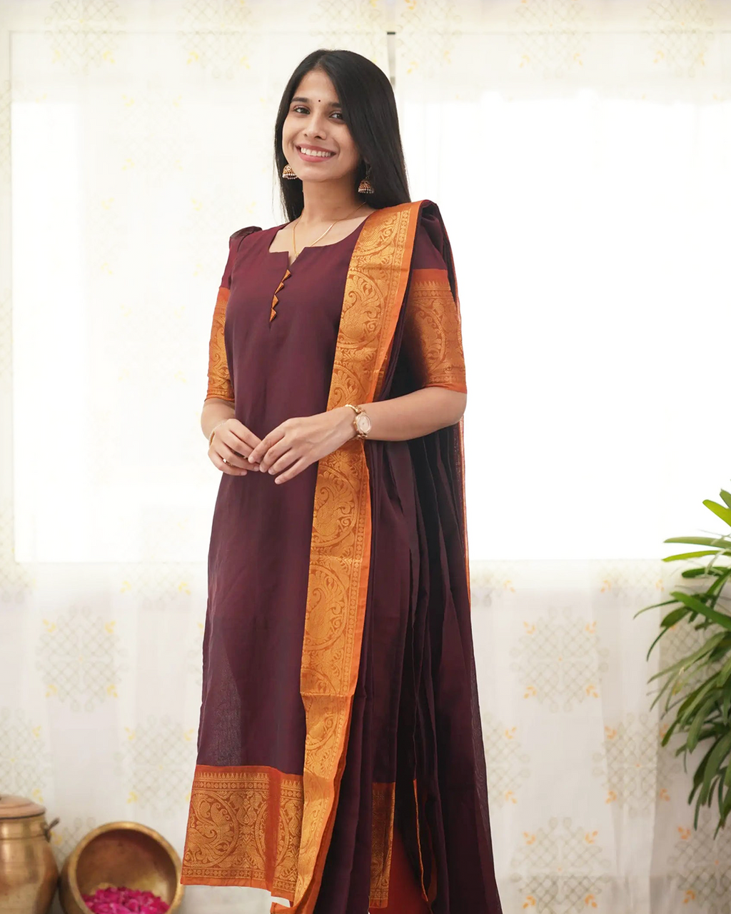 Maroon Kanchi Cotton Kurti with Golden Dupatta