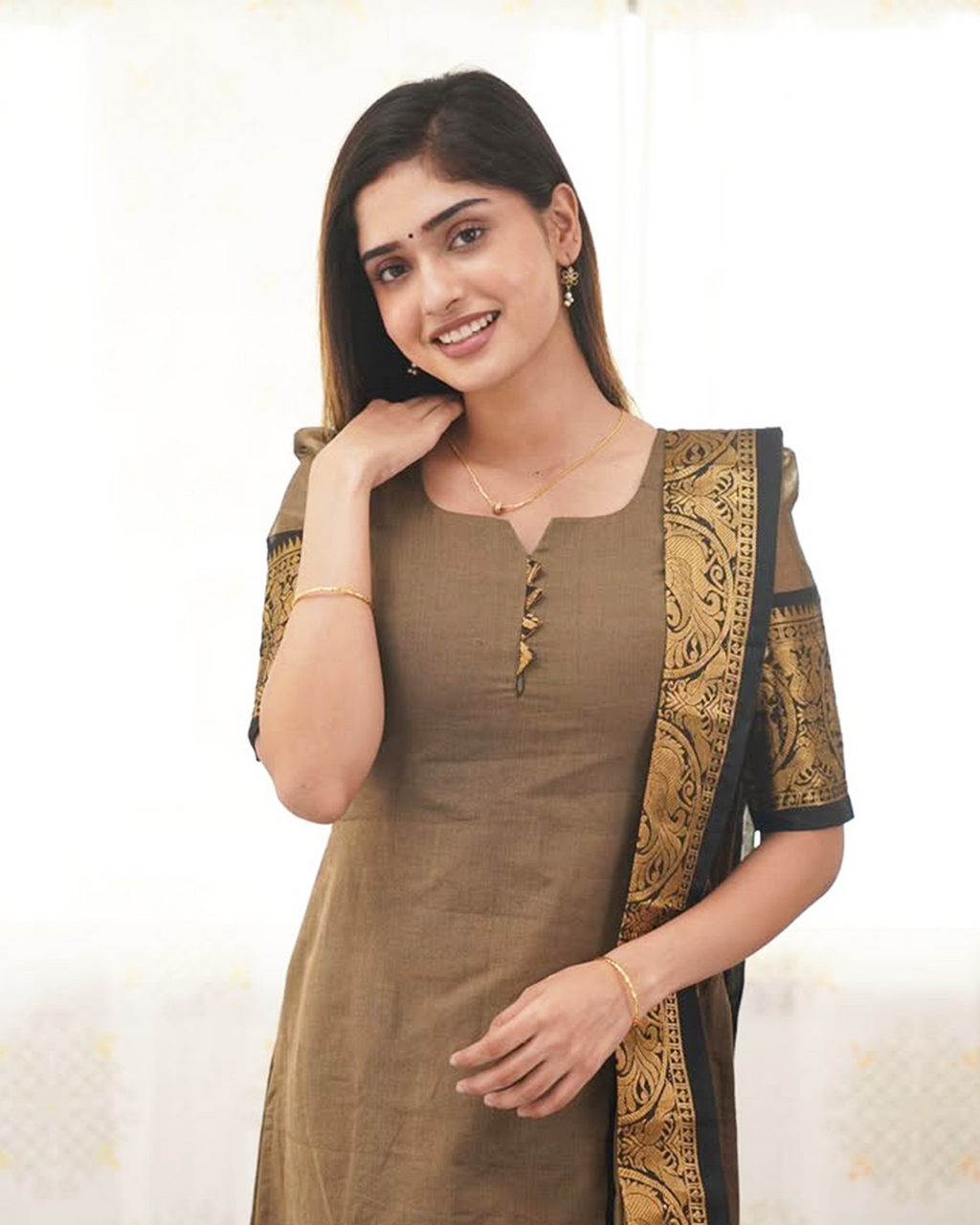 Brown Kanchi Cotton Kurti with Golden Woven Dupatta