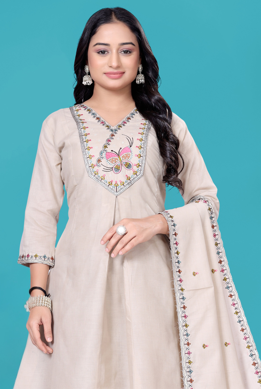 Butterfly Cotton Blend Embroidered Suit Set with Dupatta | Butterfly Design Kurta Set | PC Cotton