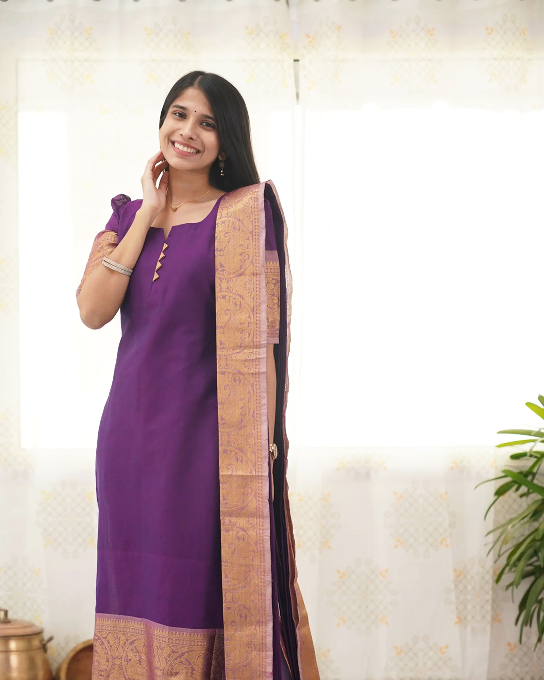 Purple Kanchi Cotton Kurti with Golden Dupatta