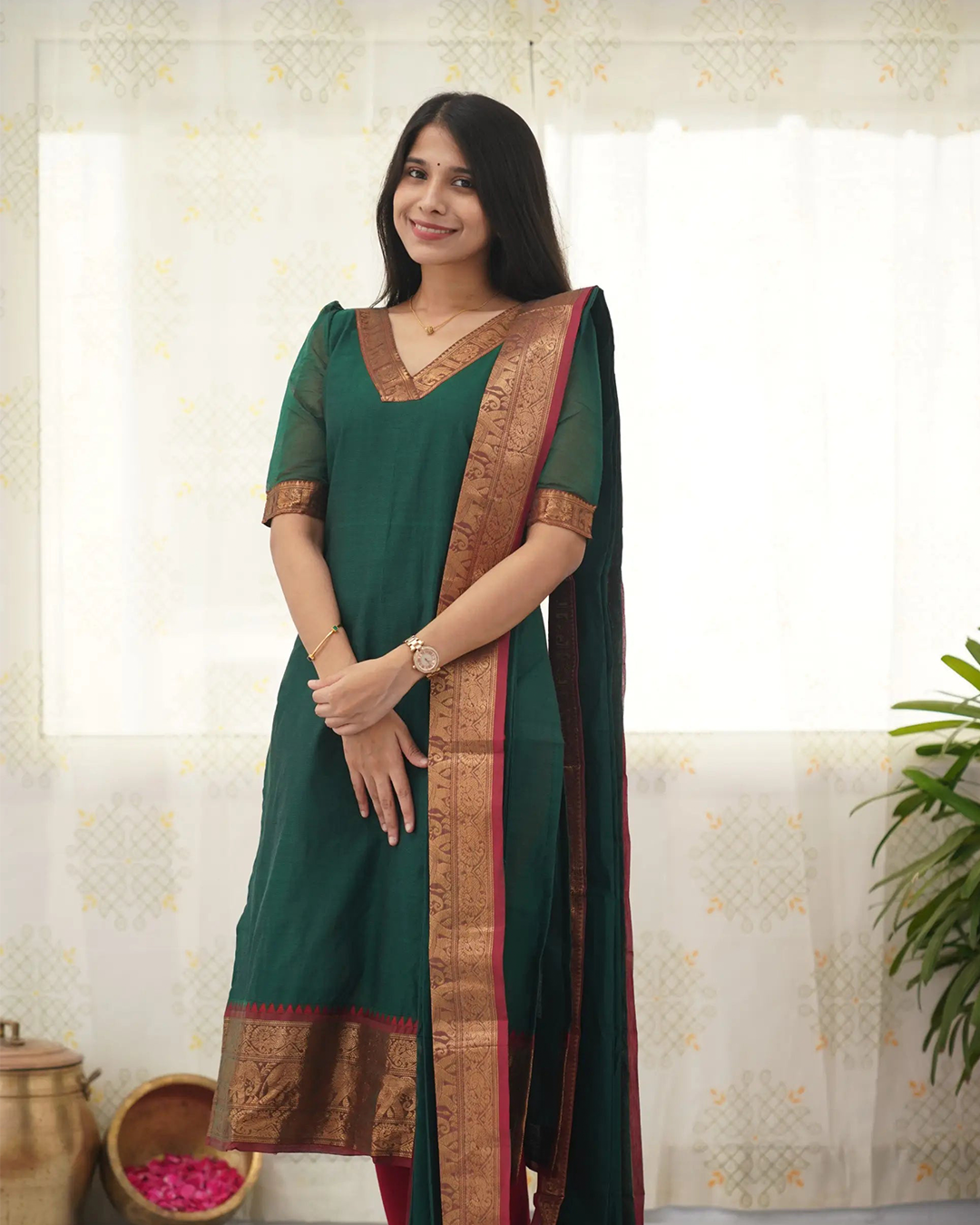 Bottle Green Kanchi Cotton Kurti with Golden Dupatta