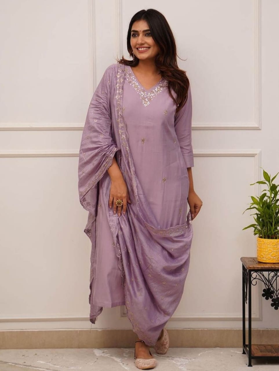 Lavender Embroidered Reyon Slub Suit Set with Chanderi Dupatta