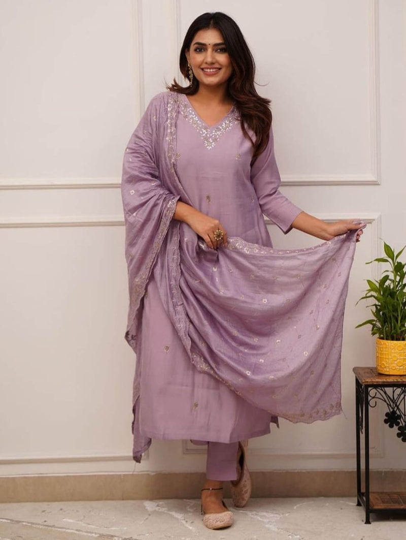 Lavender Embroidered Reyon Slub Suit Set with Chanderi Dupatta